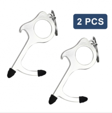 2Pc Contactless Door Opener Tool - Hygiene Key - Safe Touch - Bottle Opener Stylus Silver
